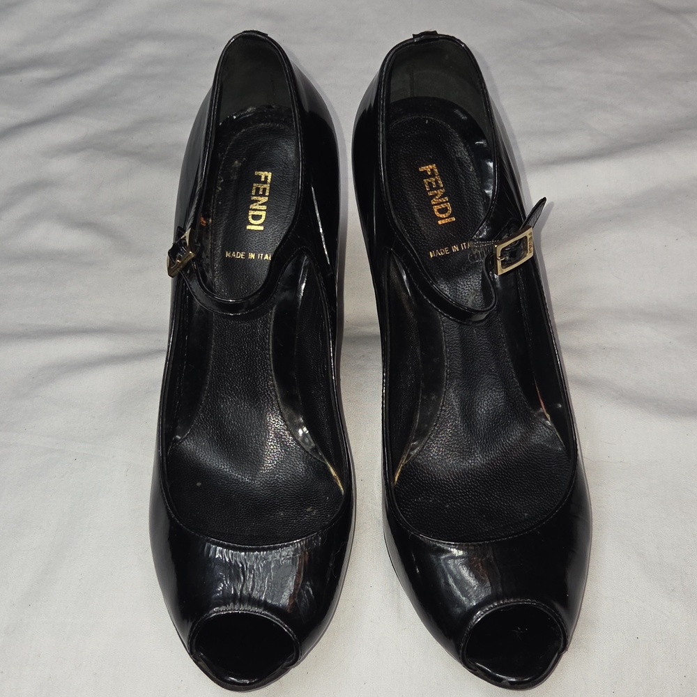 FENDI Black Patent Leather Peep Toe Wedge Platform Ankle Strap High Heels 39 1/2